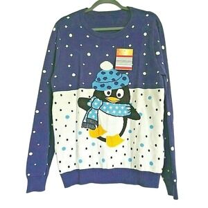 Unbranded Ugly Christmas Sweater XL Cute Penguin‎ Blue/White Holiday NWT